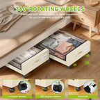 Under Bed Storage with Wheels, Under the Bed Storage Containers with Clear Lids & Label, Underbed Storage Bins, XXL 60L Rolling Metal Drawer for Clothes, Shoes, Toys, Books (4-Pack Beige)
