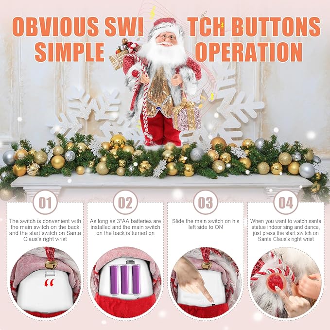 Gfilay 18 Inch Animated Plush Santa Figurine with Music and Movement, Collectible Red Sequin Coat Christmas Decoration, Singing Dancing Santa Claus Holiday Centerpiece Gift for Home or Store