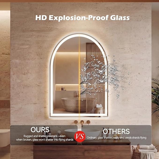 Sweetcrispy 20“x 28” LED Bathroom Backlit Mirror with Lights, Arched Lighted Bathroom Vanity Mirrors with Anti-Fog, Dimmable, 3-Color Light, Memory Function, Tempered Glass, Water-Proof Design