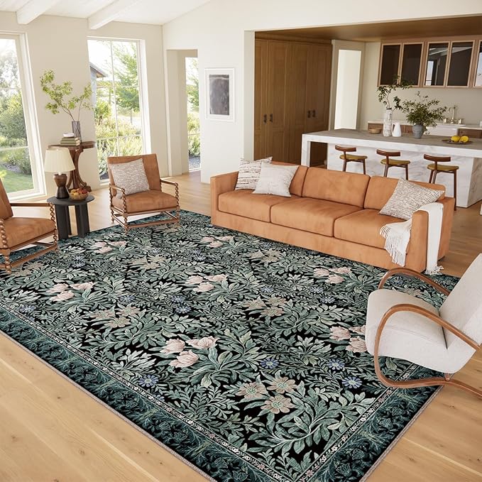 Washable Area Rugs 9x12 Black Green Vintage Floral Botanical Pattern,Perfect for Living Room, Bedroom, Kids Room, Nursery - Stain & Water Resistant Non-Slip, Pet & Child Friendly/Bedroom Decor
