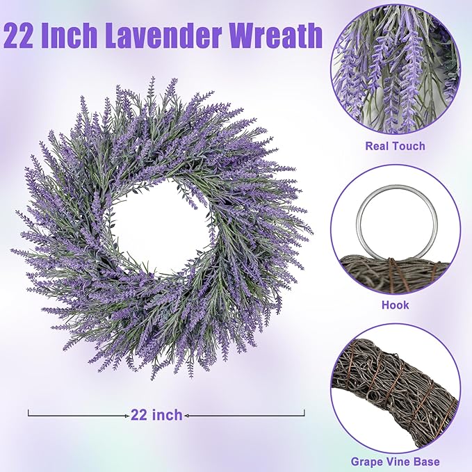 LZNPA 22 Inch Summer Spring Wreaths for Front Door Romance Lavender Wreath, Elegant Artificial Front Door Wreath for All Season Spring Decorations for Home Wall Entryway Farmhouse Porch Room Decor