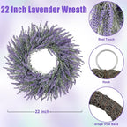 LZNPA 22 Inch Summer Spring Wreaths for Front Door Romance Lavender Wreath, Elegant Artificial Front Door Wreath for All Season Spring Decorations for Home Wall Entryway Farmhouse Porch Room Decor
