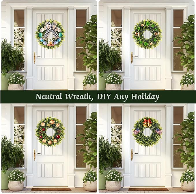 Set of 2, 20‘’ Boxwood Wreath for Front Door, Porch, Window - Foldable Greenery Boxwood Wreaths for Farmhouse Wedding Indoor Outdoor Decor - Spring, Summer, Fall, All Seasons (with Bow)