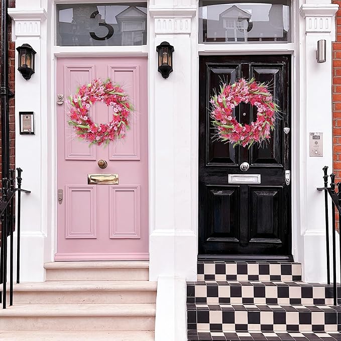 Sggvecsy 21in Artificial Pink Forsythia Wreath Spring Summer Fake Daisy Wreath Handmade Wreath with Daisies Lavender for Gifts Festival Front Door Window Wall Farmhouse Decor