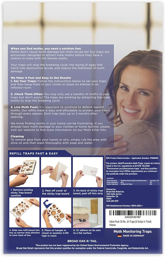 Clothes Moth Trap Replacement Strips (6 Strips in Total) - Refills for MothPrevention Moth Traps - for Closets & Clothing
