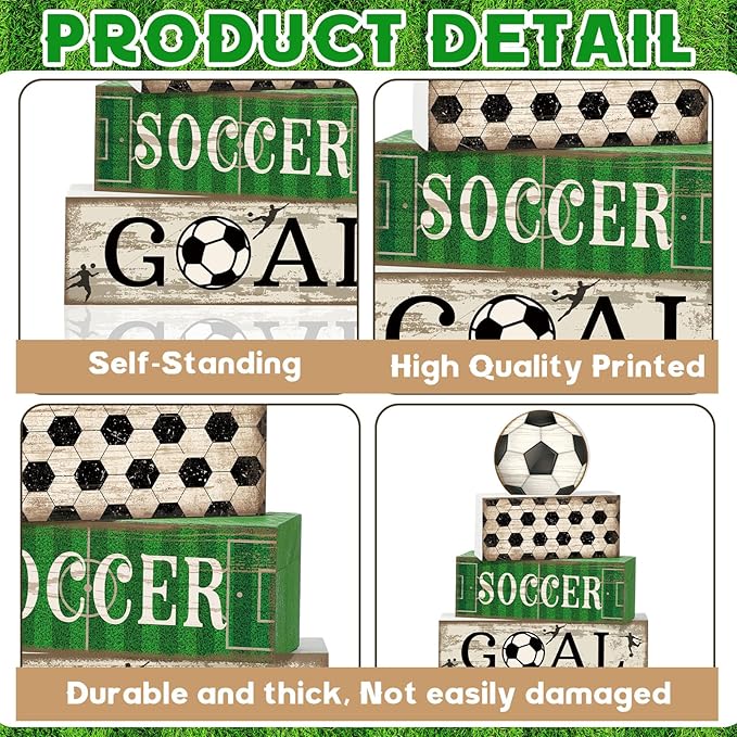 Moucuny 4 Pcs Soccer Party Decorations Soccer Table Centerpiece Football Tiered Tray Decor Wooden Ball Block Signs Gift Sports Themed Table Decorations for Boys Baby Shower Party Supplies Decor