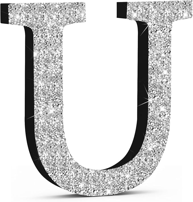 Qunclay 8'' Silver Crystal Diamond Bling Letters Crushed Diamond Decoration Wooden Glitter Letter with Screw and Hooks Rhinestone Gift for Wedding Y2k Mcbling Bedroom Wall Decor (Letter U)
