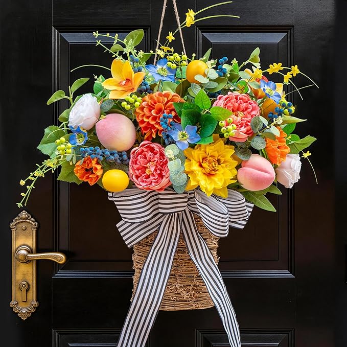 Pinkpuii Spring Summer Door Hanger Basket Wreaths for Front Door, Artificial Peony Hydrangea Flower Wreath with Blueberries & Realistic Peach & Lemon- Ideal for Home Porch Entryway Window Wall Decor