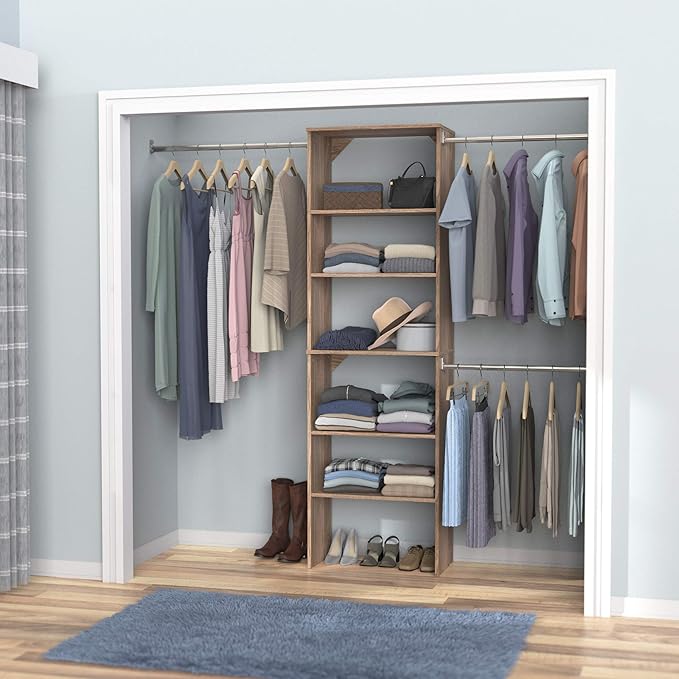 ClosetMaid SuiteSymphony Wood Closet Organizer Starter Kit with Tower and 3 Hang Rods, Shelves, Adjustable, Fits Spaces 5 – 10 ft. Wide, Natural Gray