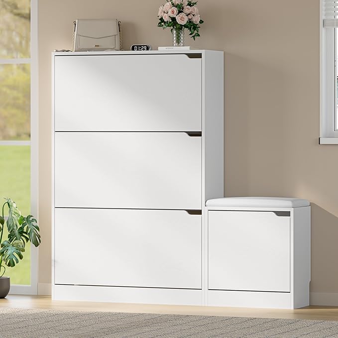 Shoe Cabinet with Bench and 3 Flip Drawers, Slim Narrow Shoe Storage Cabinet, Freestanding Shoe Rack Organizer with Adjustable & Removable Shelves, Anti-Tip for Entryway, Hallway, Foyer