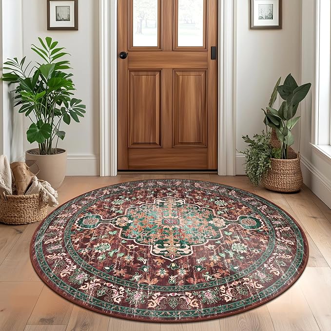 U'Artlines Boho Vintage Round Area Rug 4ft Machine Washable Low Pile Soft Floor Carpet Non Slip Non Shedding Accent Rug for Living Room Bedroom Entryway Dining Room Office Rust＆Teal