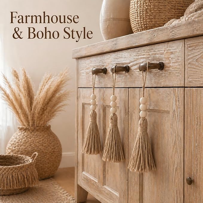 Jute Rope Tassel with 3 Wooden Beads - 20 Pcs Thick Handmade Jute Tassels for Garland Craft Decor Farmhouse Boho Home Door Hanging Decoration for Wedding Party Christmas DIY