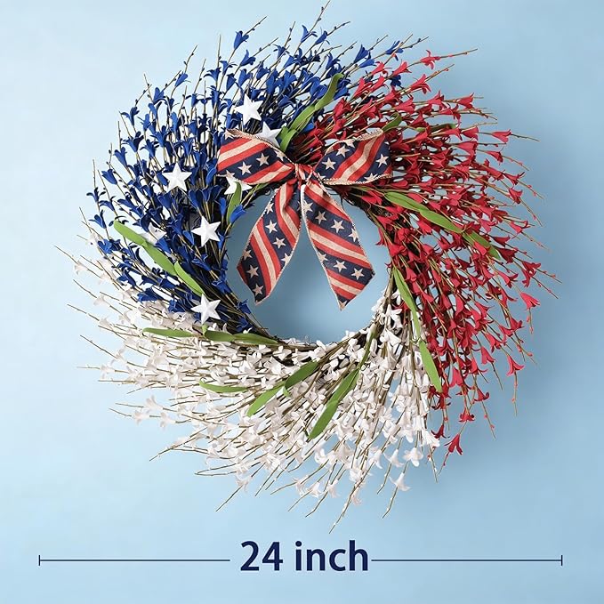22 Inch Large Patriotic Wreath with Flag Bow, Red White Blue Forsythia Flowers & White Stars, Memorial Day 4th of July Front Door Decor