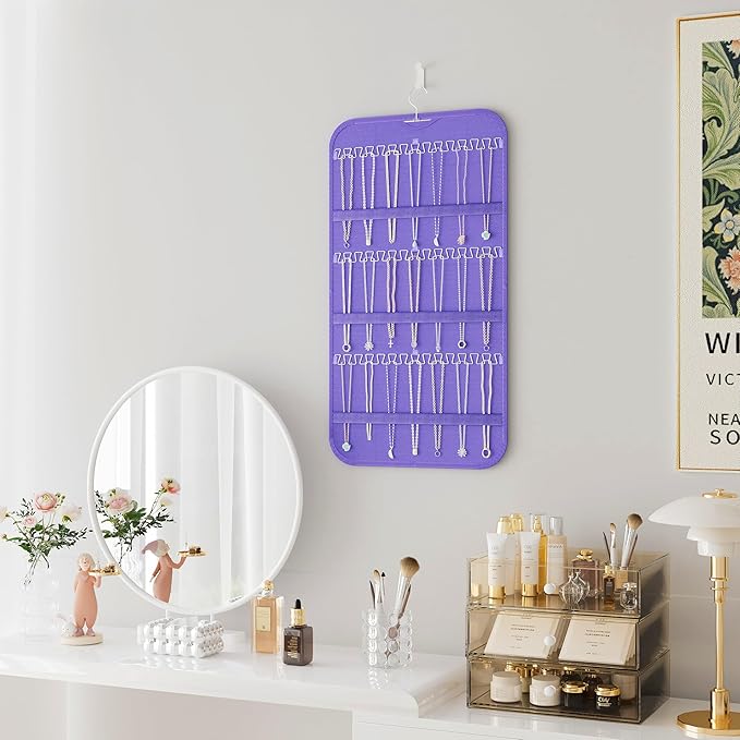 Hanging Jewelry Organizer Storage, 40 Pockets 36 Hooks Necklace Earring Necklace Bracelet Ring Organizer, Double - Sided Design, Purple
