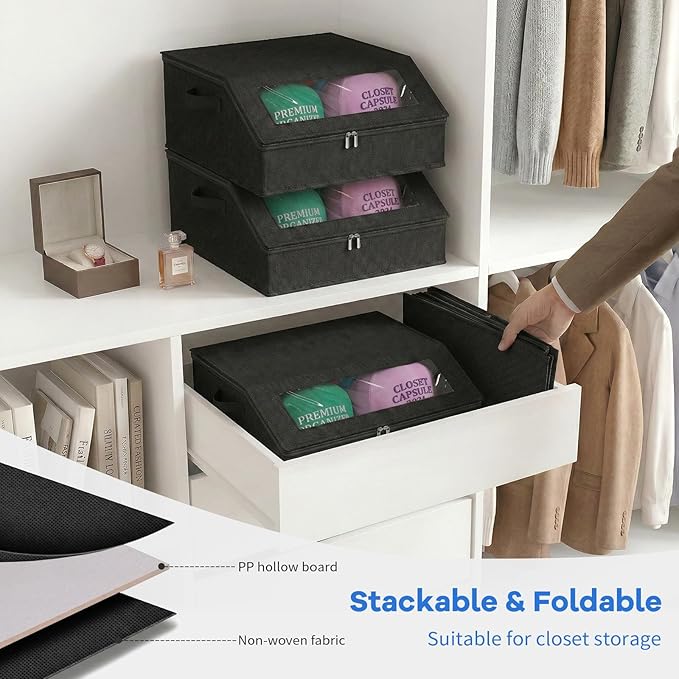 Hat Storage for Baseball Caps, Holds up to 24 Caps, Stackable Hat Organizer for Closet, Dustproof Hat Box with Clear Window, Hollow Board Support & 2 Handles, Flip-Top Access (Black)