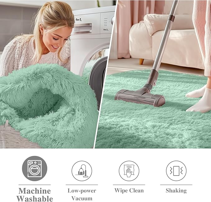 OLANLY Mint Green Round Rugs for Bedroom - Machine Washable, 6 ft Circle Area Rugs for Living Room, Soft and Fluffy Shaggy Carpet for Teen Girls and Boys, Nursery Rooms, Dorms, Home Decor Aesthetic