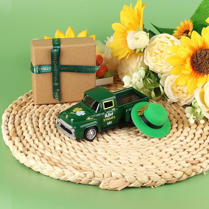 Vintage St. Patrick's Day Mini Metal Truck Four Leaf Truck with Green Hat Diecast Pickup Tiered Tray Decor with Shamrock for Farmhouse Shelf Table Home Decor
