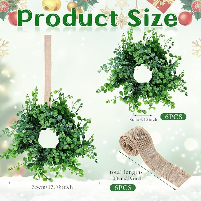 6 Pcs Mini Green Boxwood Candle Rings Wreaths Spring Summer Kitchen Cabinet Swags Wreath 3 Inch Wedding Rings Wreaths Pillar Candle Holder for Wedding Home Door Tabletop Decor