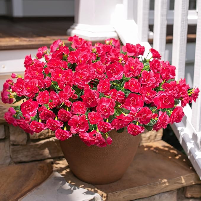 HyeFlora Artificial Faux Outdoor Flowers Plants for Spring Summer Decoration, Fake Silk Hotpink Camellia UV Resistant Look Real for Planter Outside Front Door Porch Patio Balcony, 3 Large Bundles