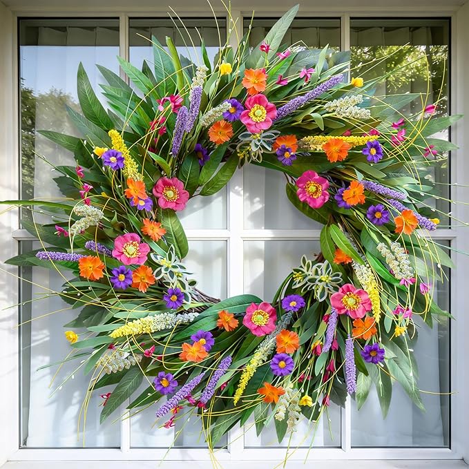 Spring Wreaths for Front Door 24 Inch - Outdoor Spring Summer Wreath with Wildflower and Green Leaves,Front Door Wreath for Farmhouse Home Porch Wall Decor