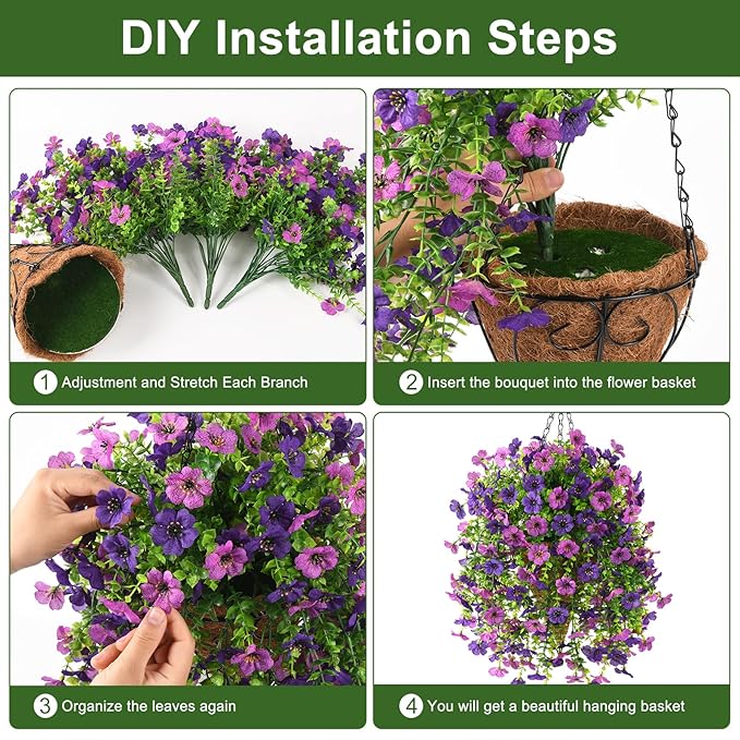 INQCMY Artificial Hanging Flowers with Basket for Spring Outdoor Decoration 3 Bunches of Silk Daisy Flower Uv Resistant for Garden Porch Patio Balcony Yard Decor (Purple1)