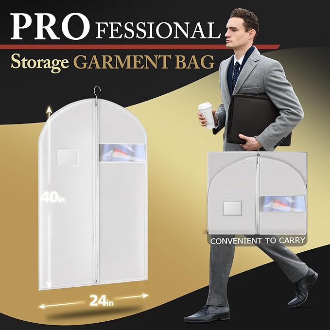 5 Pack 40-inch Suit Bag Garment Bag for Travel and Storage, Garment Bags for Hanging Clothes with Zipper and Visible Transparent Window, White