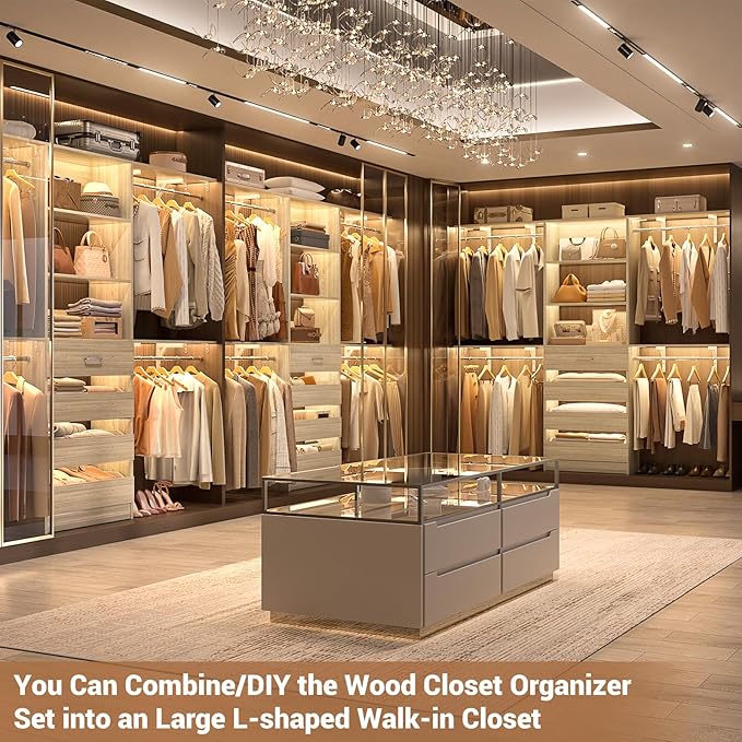 Aheaplus Closet System with Drawers Set of 2, Wood Closet Organizer System with 8 Hanging Rods & Top Shelves, Walk-in Closets Organizer Wardrobe Clothes Rack, Cut Fits Spaces 4-9FT. Wide, White Oak