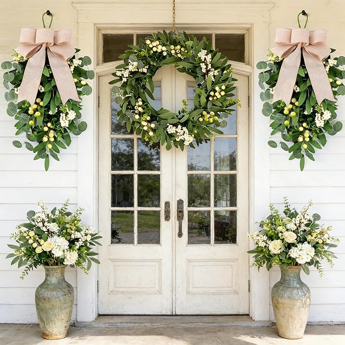 3 PCS Artificial Green Eucalyptus Wreaths for Front Door Spring Summer Greenery Teardrop Swag with Eucalyptus Leaves Olives Mixed Berry for Indoor Outdoor Farmhouse Home Wall Festival Wedding Decor