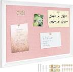 DOLLAR BOSS Bulletin Board with Linen 36'' x 24'' White Framed Cork Boards for Walls, Photo Display Pin Board, Decorative Corkboard for Office Home School Girls Dorm Decor with 10 Pushpins, Pink