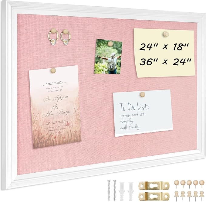 DOLLAR BOSS Bulletin Board with Linen 36'' x 24'' White Framed Cork Boards for Walls, Photo Display Pin Board, Decorative Corkboard for Office Home School Girls Dorm Decor with 10 Pushpins, Pink