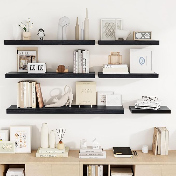 Acovy 48 Inch Floating Shelves, 48"x9.25"x1.5" Inch Deep Floating Shelves for Wall, Wooden Shelves for Bathroom, Bedroom, Living Room, Black, 1 Piece