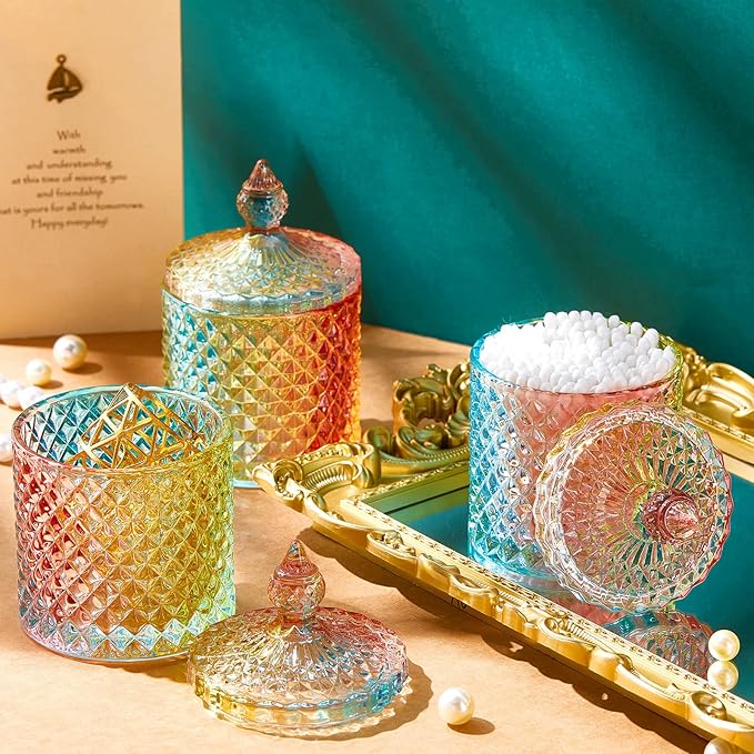 Aoriher 4 Pcs Crystal Glass Candy Jar Set with Lids Home Decorative Storage Jars for Apothecary, Bathroom, Kitchen, and Pantry, Ideal for Cotton Swabs and Jewelry(Large,Colorful)