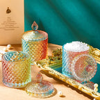Aoriher 4 Pcs Crystal Glass Candy Jar Set with Lids Home Decorative Storage Jars for Apothecary, Bathroom, Kitchen, and Pantry, Ideal for Cotton Swabs and Jewelry(Large,Colorful)