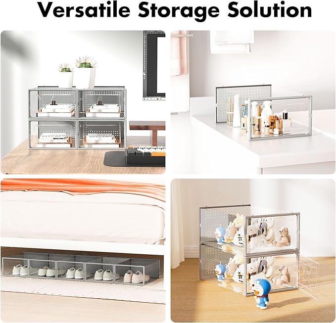 Shoe Storage Box, 15 Pack Clear Plastic Stackable Shoe Organizer for Closet, Interlocking Design Shoe Container Bins for Sneakers, Foldable Shoe Rack with Lids, Gray