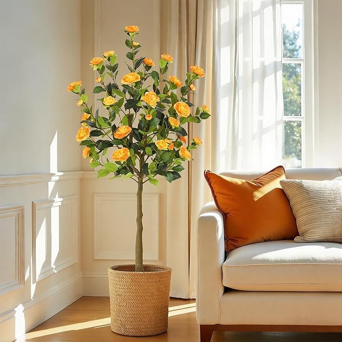 Bellacat 5ft Artificial Camellia Tree with Silk Orange Flowers, 60in Faux Camellia Plant with Lifelike Trunk, Fake Flower Tree Potted Front Door Plants for Porch Patio Deck Living Room Decor, 2Pack