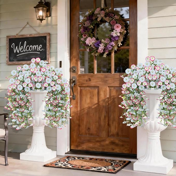 Artificial Hanging Flowers for Outdoors, 2 PCS UV Resistant Faux Silk 150 Morning Glory Each Trailing Vines, Fake Plants for Spring Outdoor Garden Planter Porch Patio Decoration, Blue & White