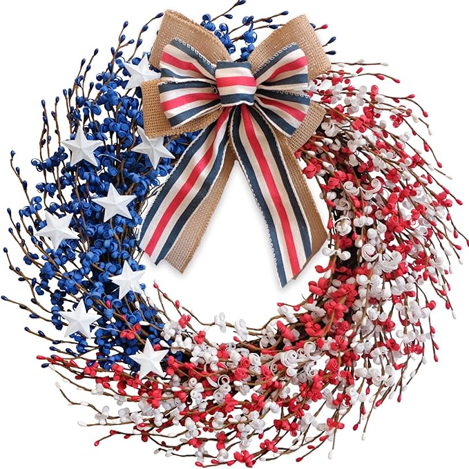 4th of July Wreath 22 inch, Patriotic Wreath for Front Door, Red White Blue American Independence Day Memorial Day Flag Day Indoor Outdoor Decor