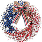 4th of July Wreath 22 inch, Patriotic Wreath for Front Door, Red White Blue American Independence Day Memorial Day Flag Day Indoor Outdoor Decor