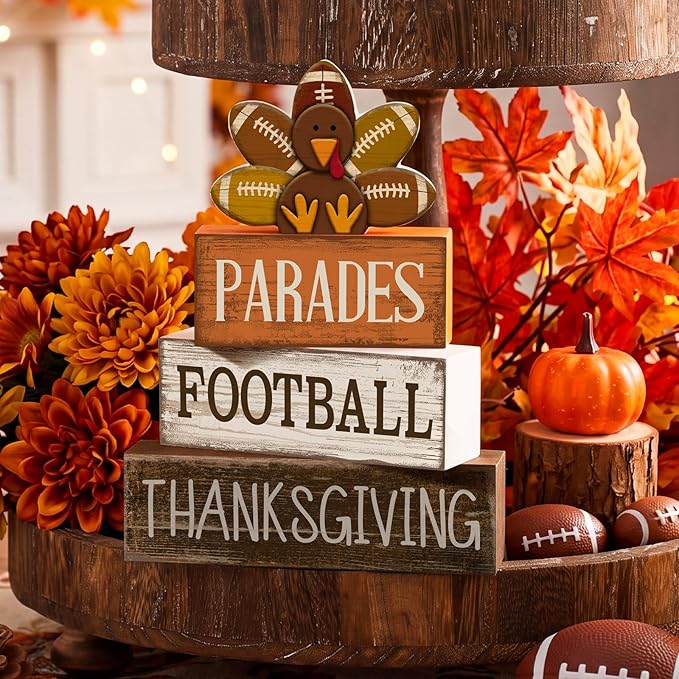 Lineshading 4 Pcs Fall Table Decorations for Home Thanksgiving Football Turkey Wooden Stacked Sign Decor Thanksgiving Tiered Tray Decor Rustic Wooden Football Turkey Block Sign for Harvest Party Shelf