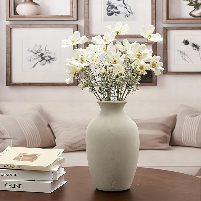 Large Ceramic Rustic Flower Vase, 10.43 Inch Tall Vintage Pottery Home Decor, Antique Farmhouse Terracotta Vase for Living Room, Shelf, Table, Mantel Decoration, Farmhouse - Off-White