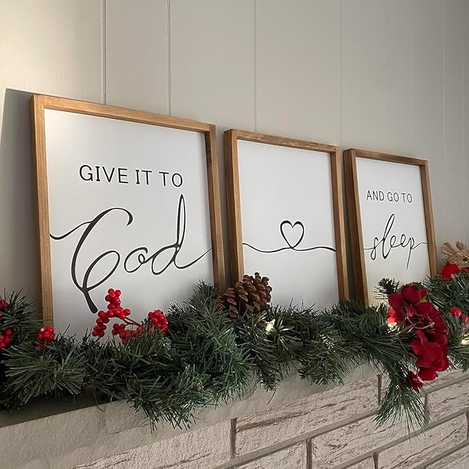 Set of 3 Framed Farmhouse Give it to God and Go to Sleep Signs Above Bed Wall Decors for Bedroom Wood Signs (Brown, 16"x24")