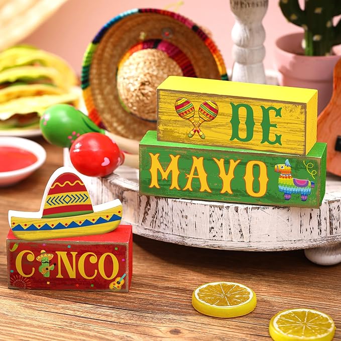 Yuntau 4 Pcs Cinco De Mayo Decorations Wooden Mexican Table Farmhouse Cinco De Mayo Tiered Tray Decor Fiesta Stacked Blocks Tabletop Decorative Book Mexican Centerpieces for Carnival Shelf Home