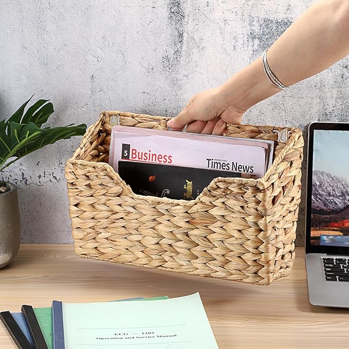 BTSKY Woven Hanging Magazine Holder, Water Hyacinth Magazine Basket, Wall Mounted Storage Basket for Books & Files, Wall File Organizer Magazine Rack with Handle for Home & Office - 13.2x2.8x8.9 Inch