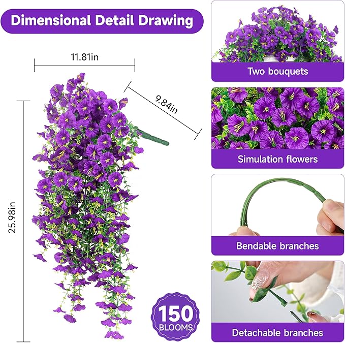 Artificial Hanging Flowers for Outdoors, 4 PCS UV Resistant Faux Plants Silk Realistic 150 Morning Glory Each Vines, Fake Plastic Floral for Garden Patio Spring Summer Decor, Purple
