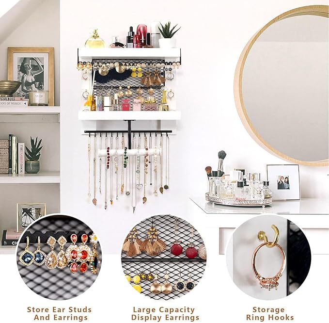 Pinzoveco Hanging Jewelry Organizer Wall Mounted With Wall Jewelry Organizer Holder For Necklaces Bracelet Earrings Ring (White)