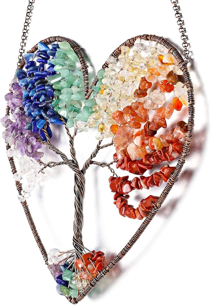 JOVIVI Double Heart Tree of Life Hanging Ornament 7 Chakra Reiki Healing Crystals Stones Gemstone Meditation Window Wall Hanger for Feng Shui Yoga Home Indoor Decor
