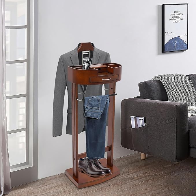 Wood Suit Rack Suit Stand for Man and Women Clothes Valet Suit with Drawer Valet Stands Men Valet Brown Suit Valet for Entryway Office Living Room