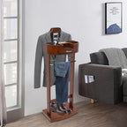 Suit Valet Stand for Men, Solid Birch Wood Clothes Valet with Drawer, Freestanding Wood Suit Rack for Clothes, Coat Rack Organizer for Bedroom, Vintage Brown