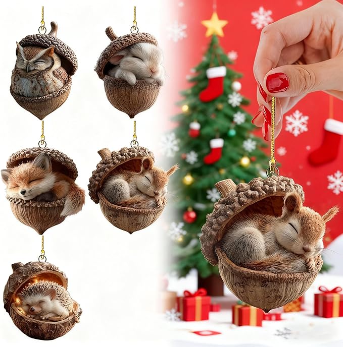 5PCS Forests Animal Acorn Ornaments, Forests Christmas Ornaments, 2026 New Pine Cone Animal Decoration, 2D Acrylic Animal Christmas Tree Pendant for Home Decor