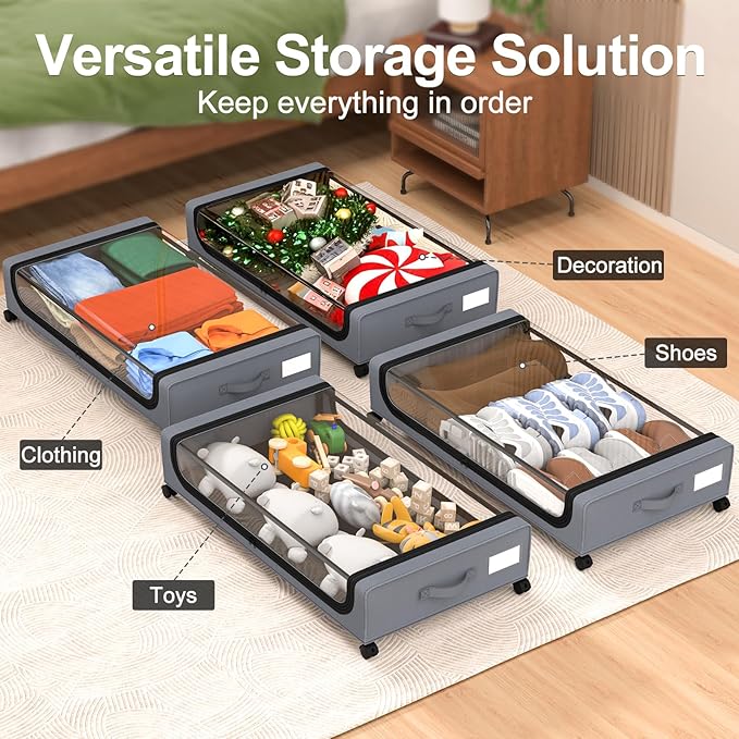 GoMaihe Under Bed Storage with Wheels: 48L Underbed Storage Containers with Lids - Rolling Bins for Shoes Clothes in Dorm Bedroom - Metal Drawers Easy Pull-out Grey 4-Pack